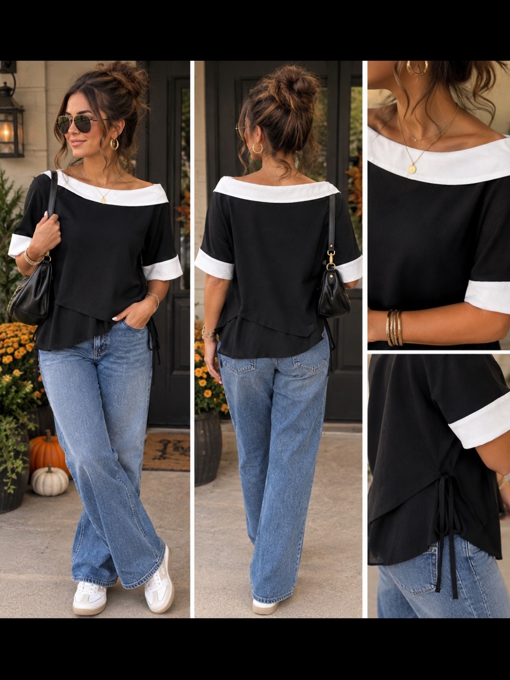Women’s Black Off-Shoulder Contrast Trim Top